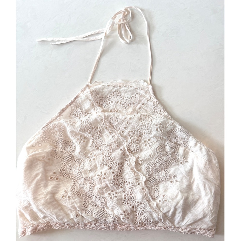 American Eagle Womens‎ Halter Crop Top Cream Cotton Eyelet Lace Size L Boho